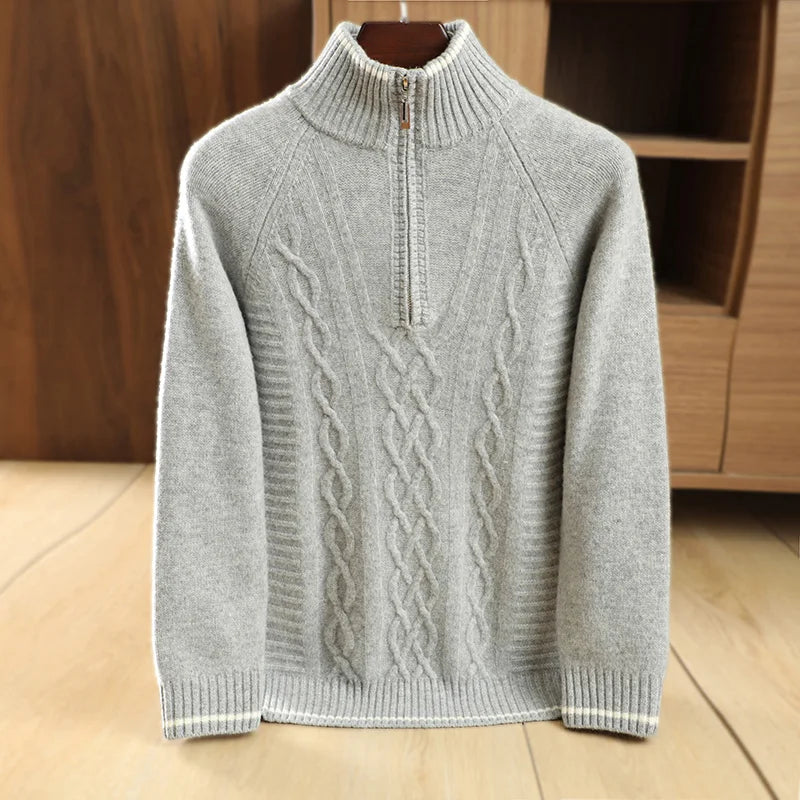 Men's 100% Merino Wool Thickening Sweater Mock Collar Half Zip Pullover Autumn Winter Cashmere Twisted Knitwear Long Sleeved Top