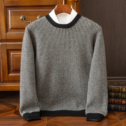 Men's Winter Preparation 100% Australian Wool Round Neck Color blocked Thousand Bird Grid Thick Cashmere Sweater Warm Sweater