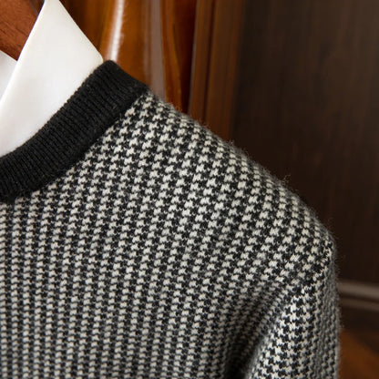 Men's Winter Preparation 100% Australian Wool Round Neck Color blocked Thousand Bird Grid Thick Cashmere Sweater Warm Sweater