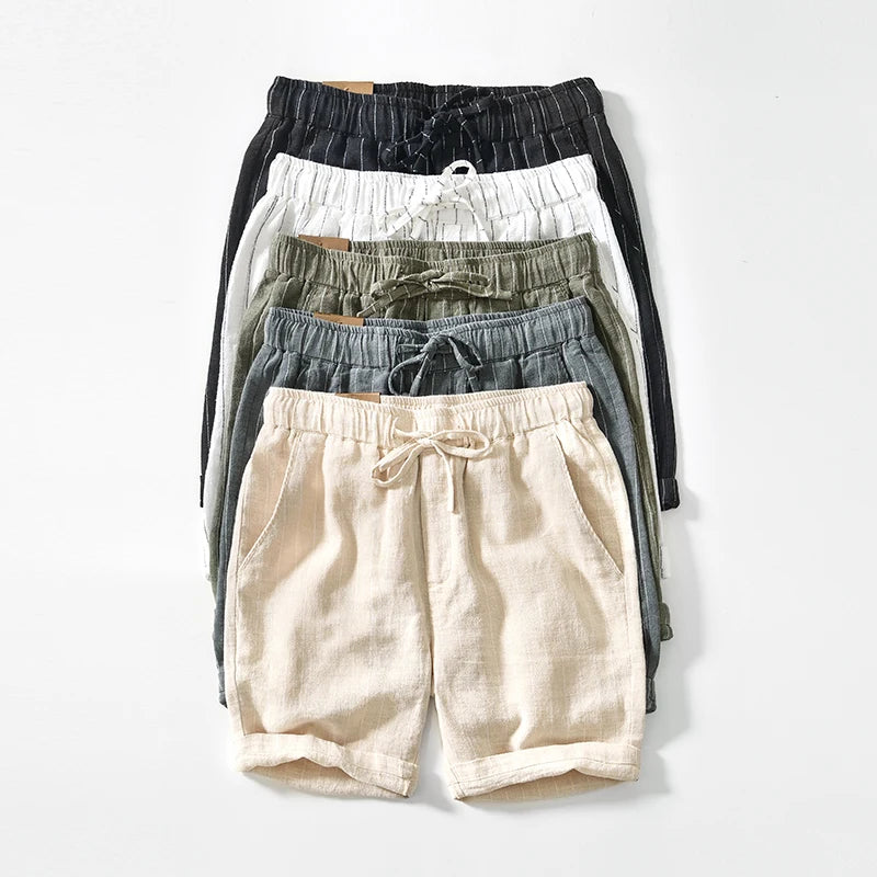 Summer Cotton Linen Shorts Pants Men Casual Sold Color Breathable Comfortable Striped Drawstring Man Holiday Beach Thin Shorts