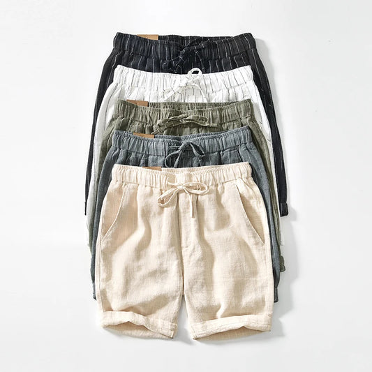Summer Cotton Linen Shorts Pants Men Casual Sold Color Breathable Comfortable Striped Drawstring Man Holiday Beach Thin Shorts