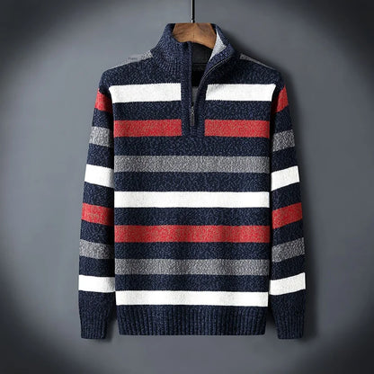 Striped Zipper Turtle Neck Mens Sweaters Knitted Male Sweatercoats Jumper White Winter Turtleneck Pullovers Men Knitwear Casual