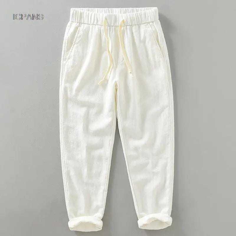 Ankle Length Linen Pants Casual Harem Pants Men Clothing Pleated Vintage Breathable White Brown Khaki Trousers For Man Summer
