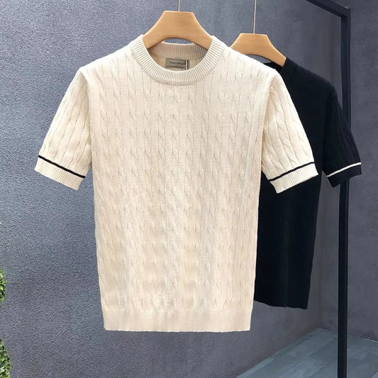 Suéter masculino de manga curta, gola redonda, respirável, verão, camisa de malha fina, casual, camiseta interna para homens