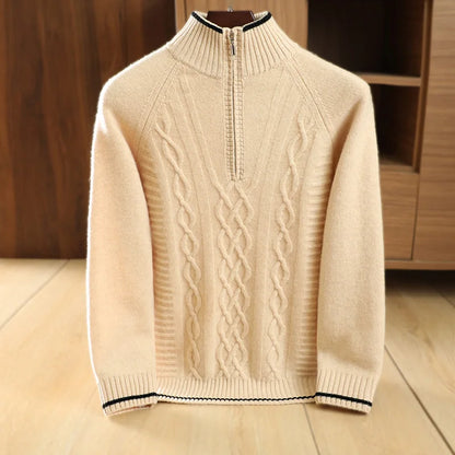 Men's 100% Merino Wool Thickening Sweater Mock Collar Half Zip Pullover Autumn Winter Cashmere Twisted Knitwear Long Sleeved Top