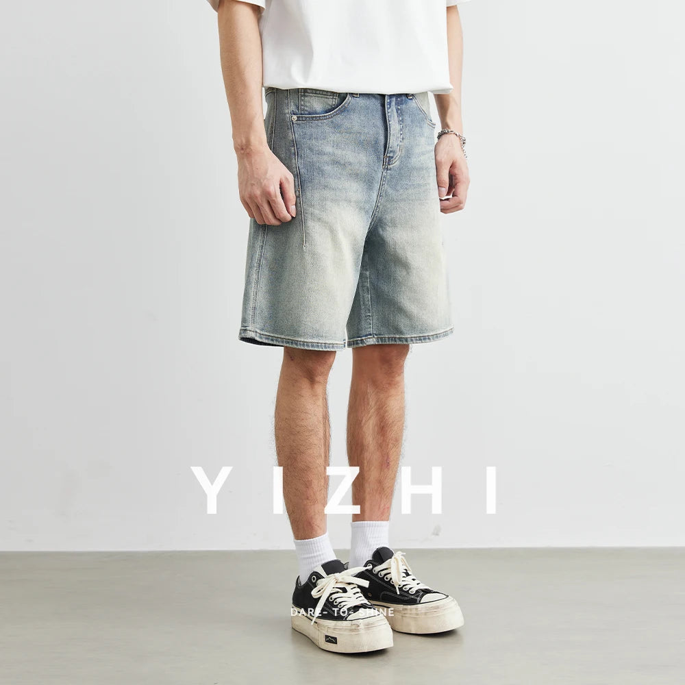 Men's Fashion Retro Distressed Jeans 2025 Summer New Loose Straight Casual Denim Shorts Trendy Men's Mid-Length Pants