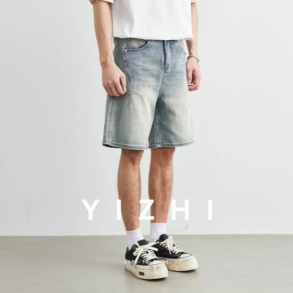 Men's Fashion Retro Distressed Jeans 2025 Summer New Loose Straight Casual Denim Shorts Trendy Men's Mid-Length Pants
