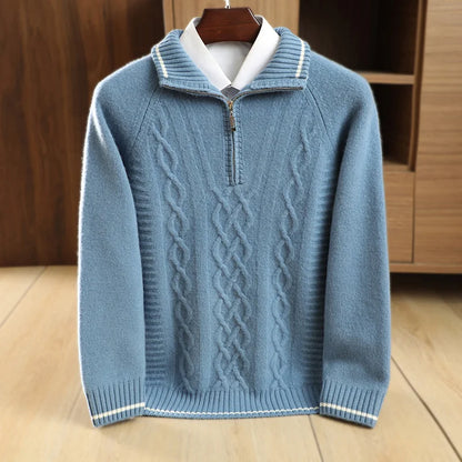 Men's 100% Merino Wool Thickening Sweater Mock Collar Half Zip Pullover Autumn Winter Cashmere Twisted Knitwear Long Sleeved Top