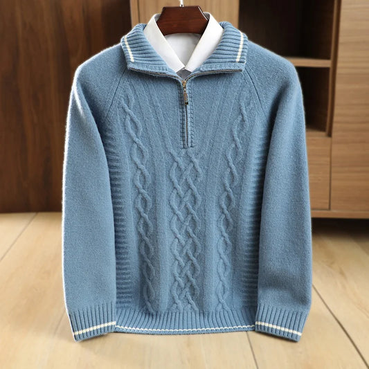 Men's 100% Merino Wool Thickening Sweater Mock Collar Half Zip Pullover Autumn Winter Cashmere Twisted Knitwear Long Sleeved Top