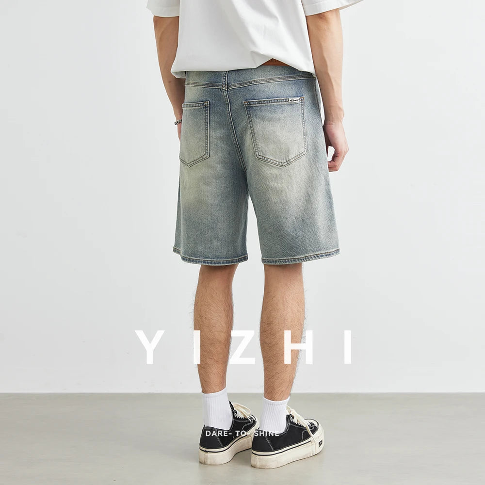 Men's Fashion Retro Distressed Jeans 2025 Summer New Loose Straight Casual Denim Shorts Trendy Men's Mid-Length Pants