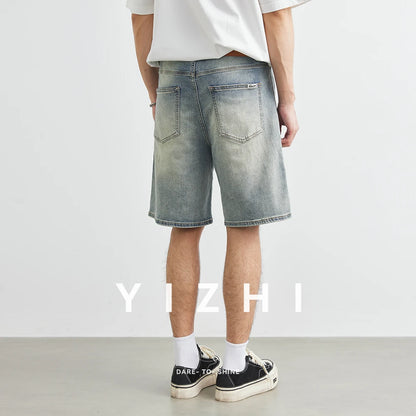 Men's Fashion Retro Distressed Jeans 2025 Summer New Loose Straight Casual Denim Shorts Trendy Men's Mid-Length Pants