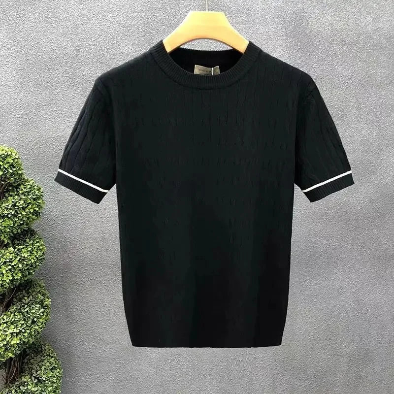 Suéter masculino de manga curta, gola redonda, respirável, verão, camisa de malha fina, casual, camiseta interna para homens