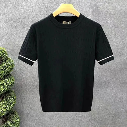 Suéter masculino de manga curta, gola redonda, respirável, verão, camisa de malha fina, casual, camiseta interna para homens