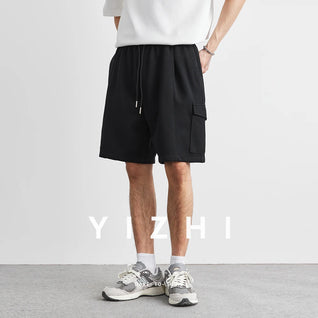 2025 Summer New Casual Shorts Drawstring Pocket Beach Loose Sports Shorts Solid Color Large Size Men's Mid-Length Pants Clothing